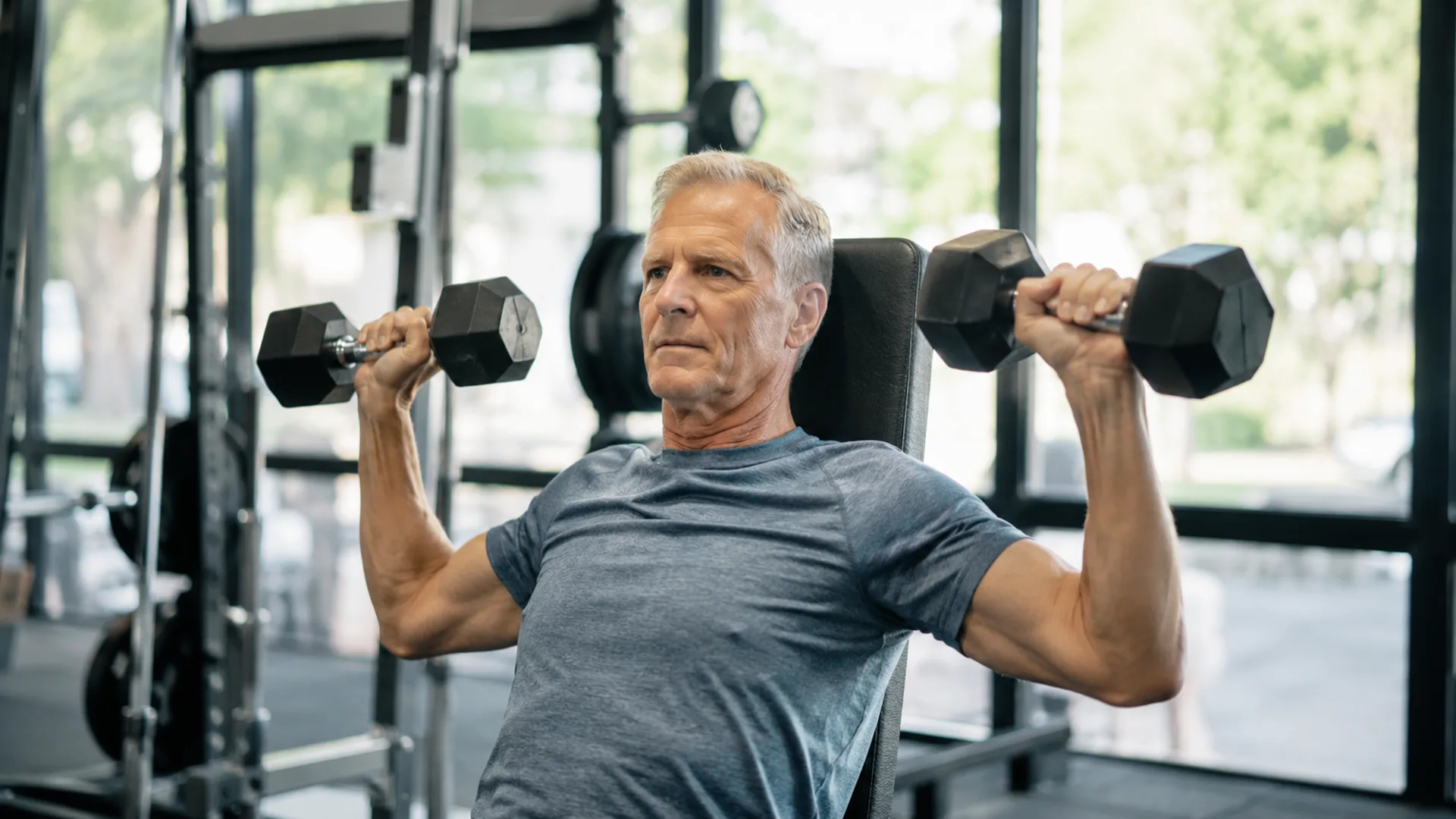 Man in his early 60s performing resistance training