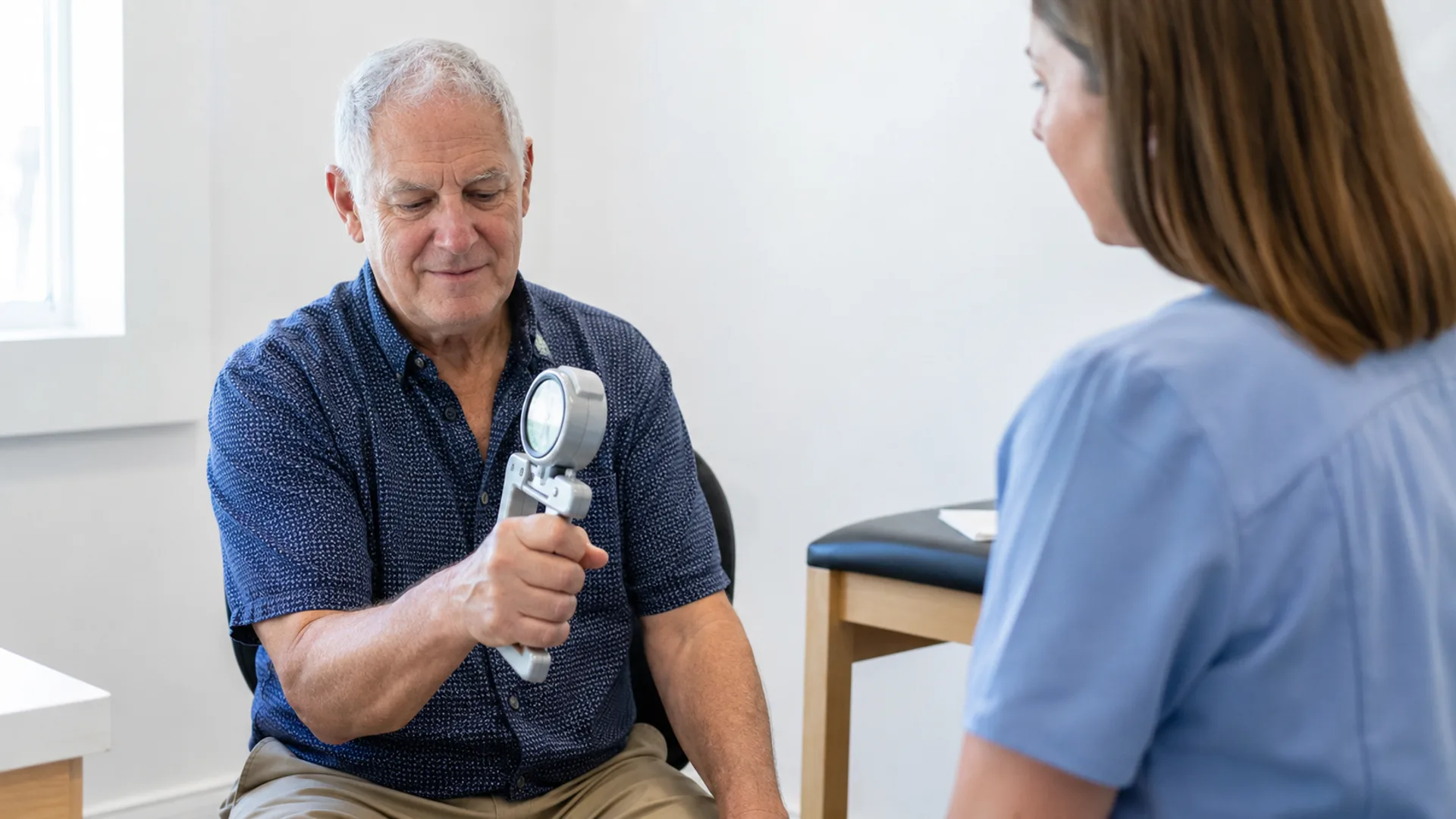 Older adult completing a grip-strength test