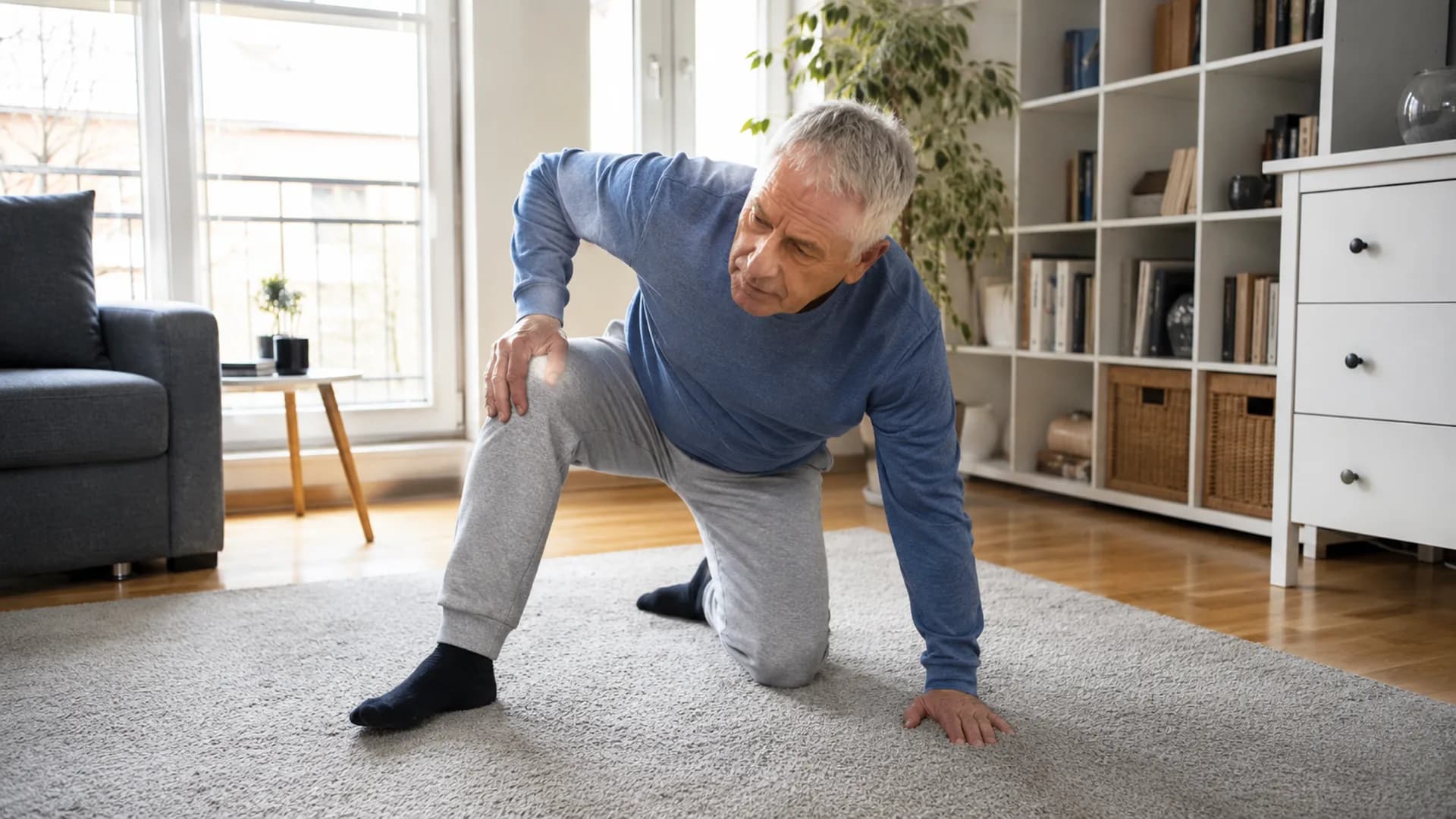 Older adult practicing a floor-to-stand movement at home