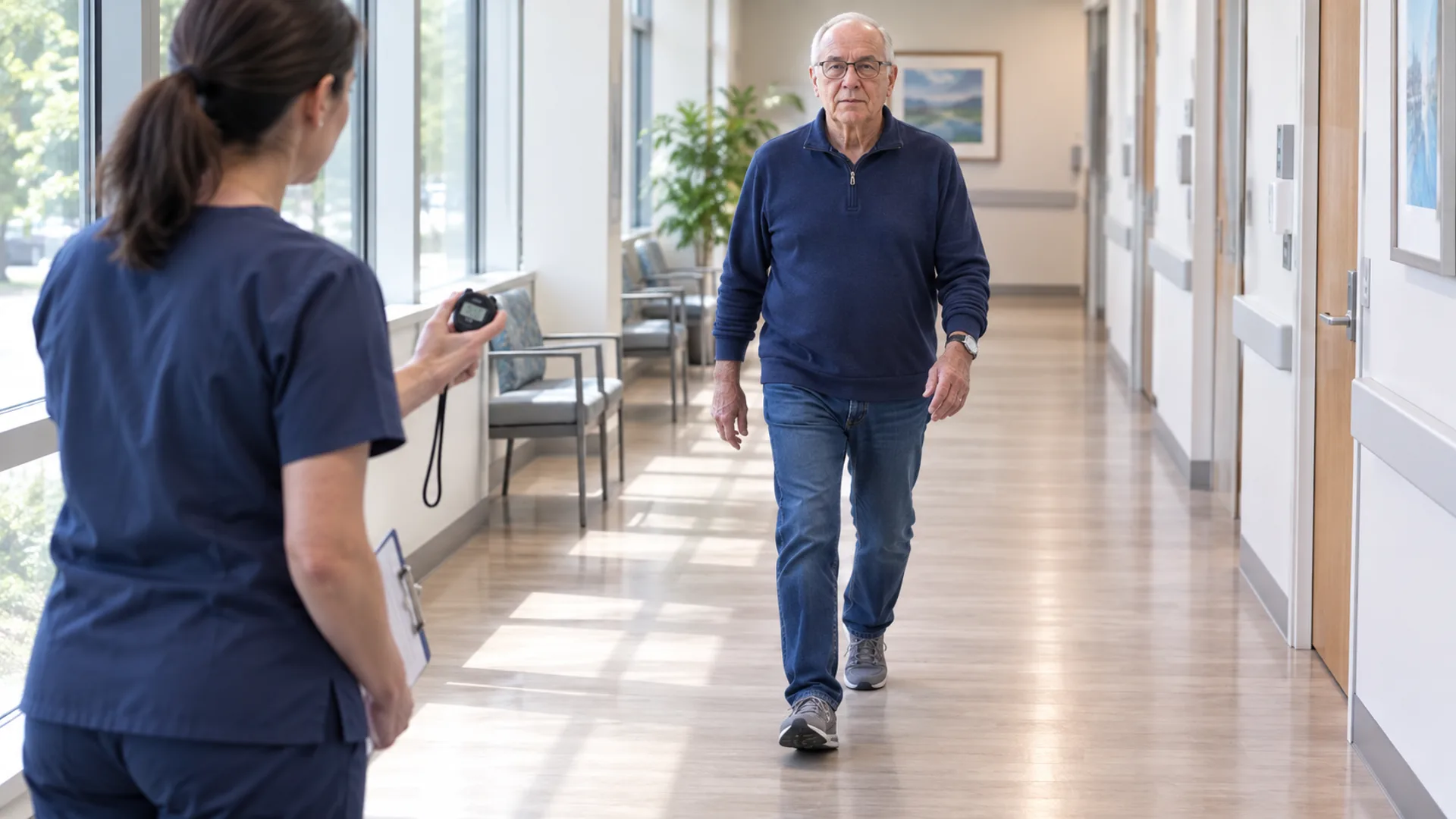 Older adult completing a walking-speed assessment in a clinic