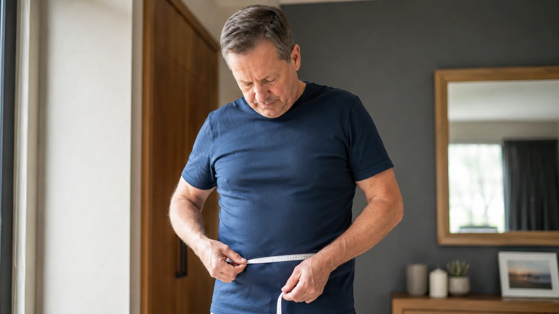 Man in his late 50s measuring waist circumference