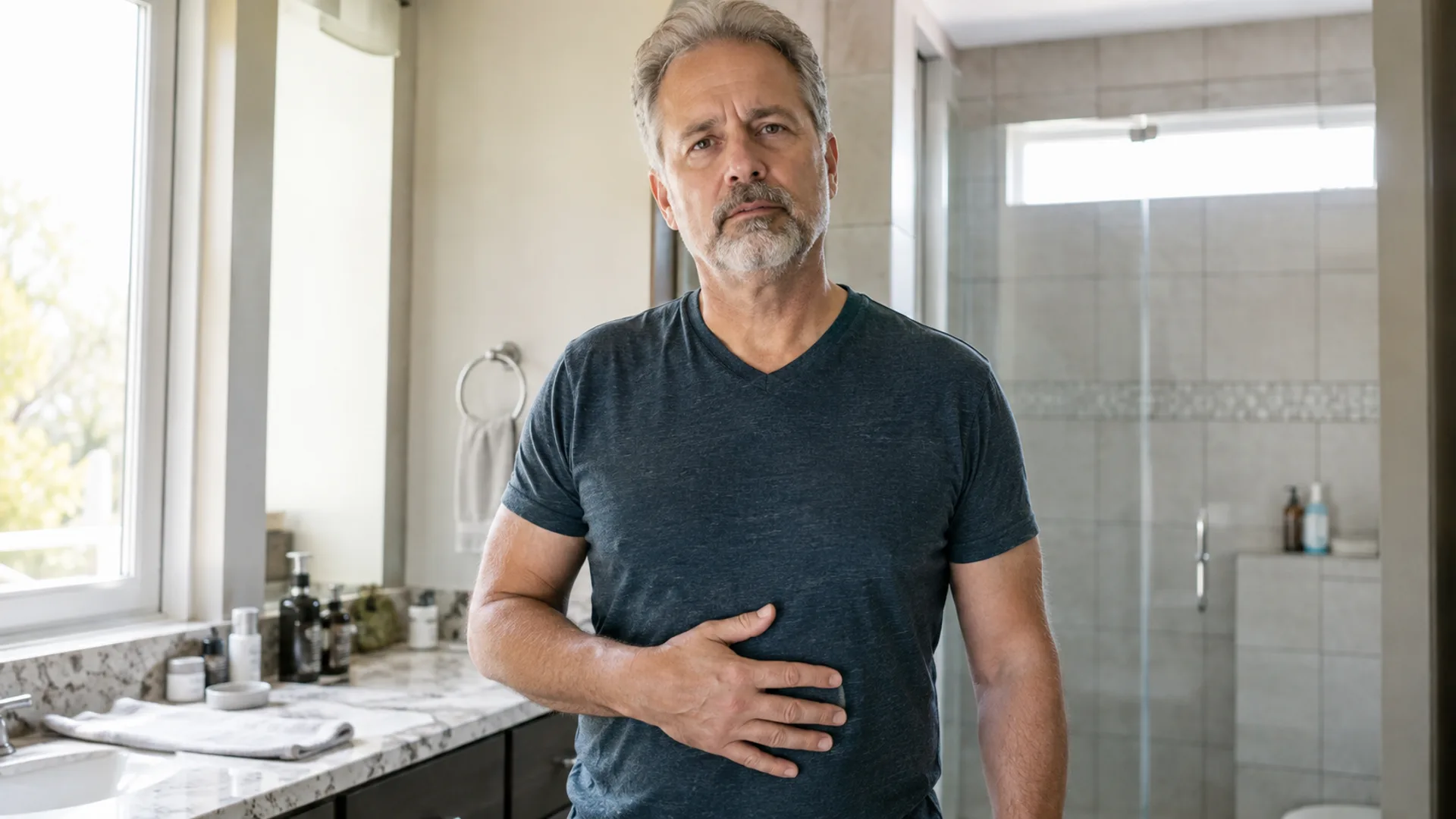Middle-aged man standing naturally with one hand on his abdomen