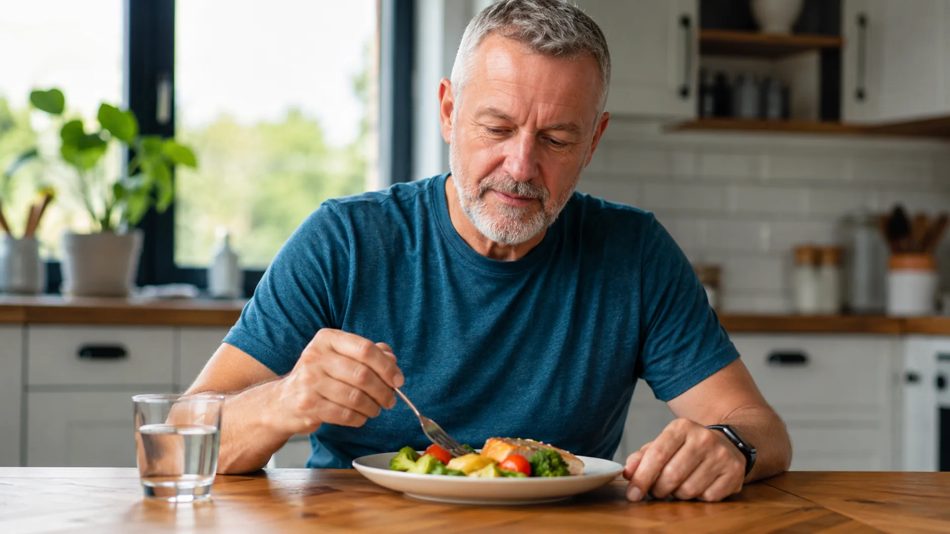 Middle-aged man preparing food while maintaining weight loss