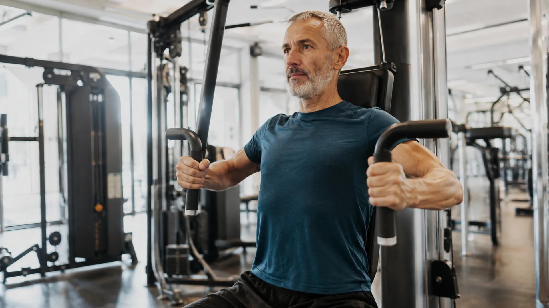 Man in his late 50s performing resistance training