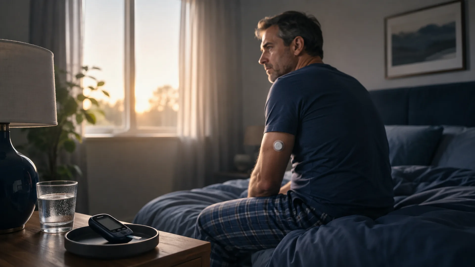 Early morning glucose monitoring beside a bed at sunrise