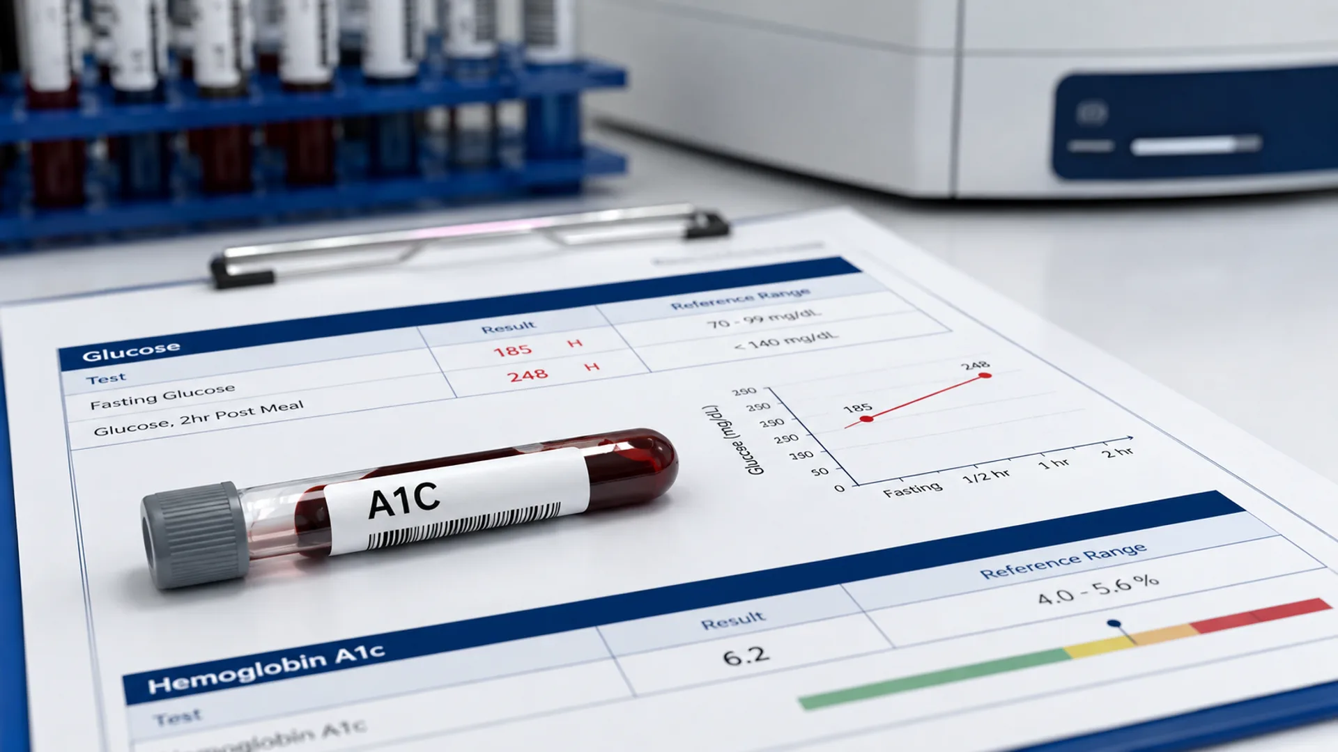 A1C laboratory blood sample beside glucose monitoring results