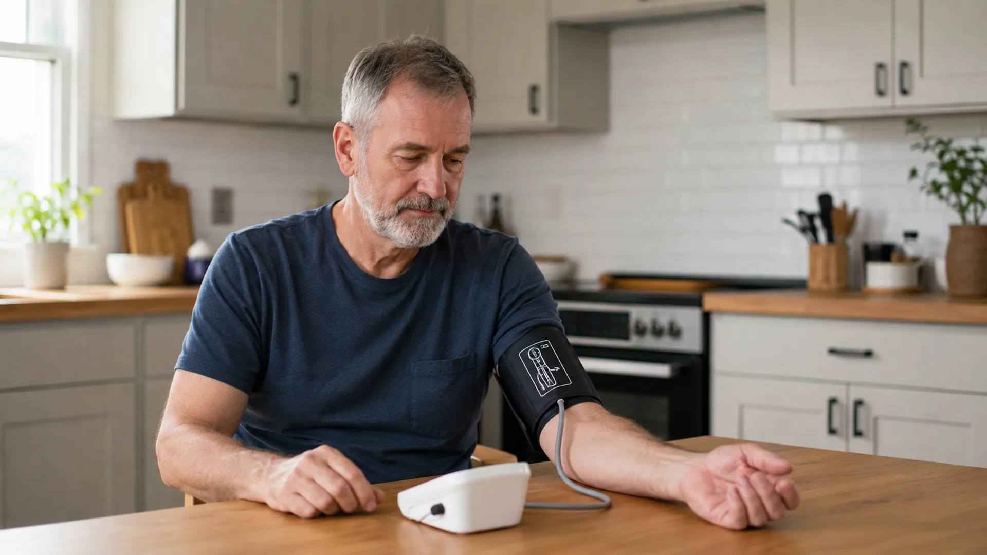 Man in his late 50s checking blood pressure at home