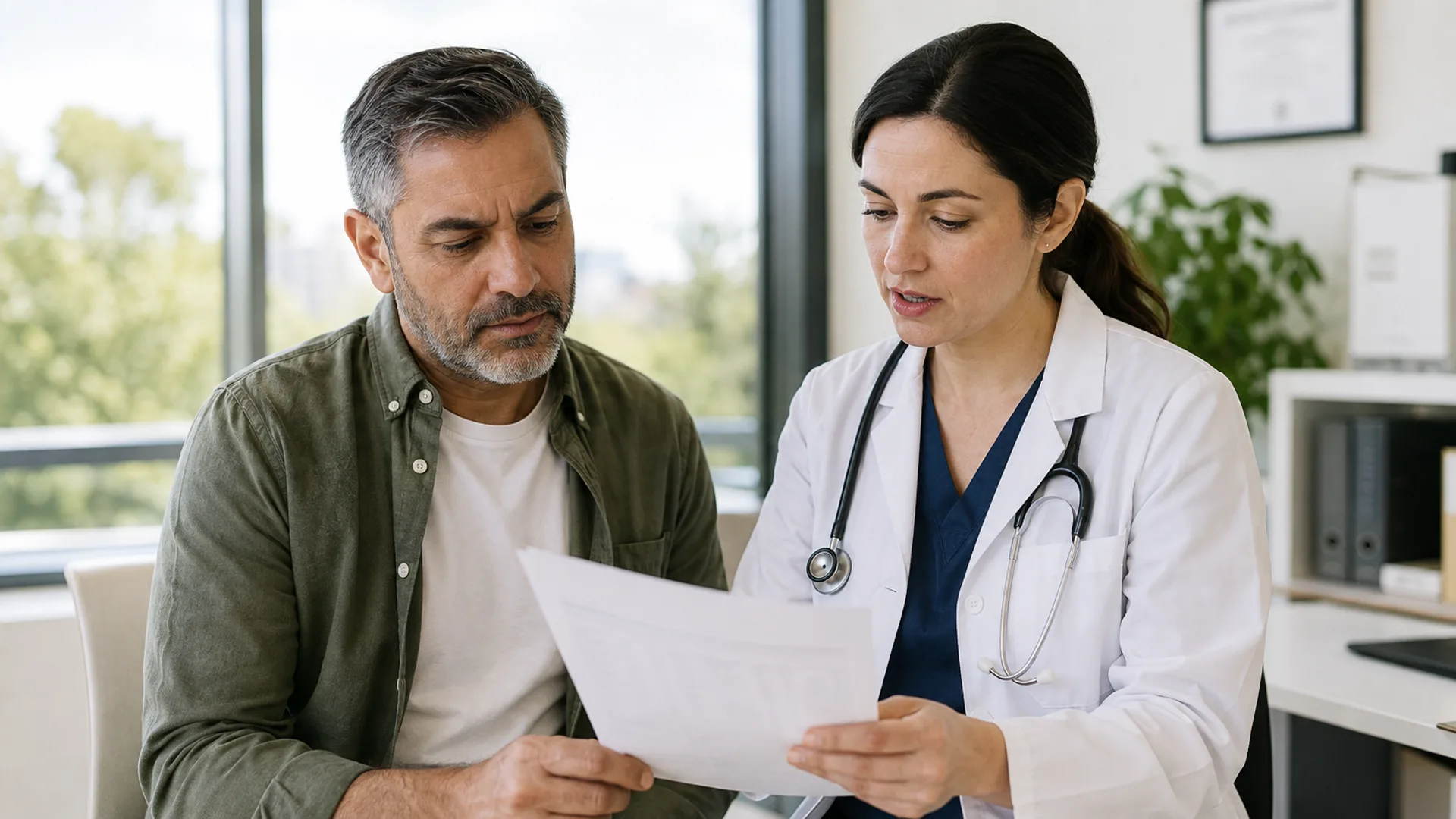 Adult reviewing a cholesterol panel with a clinician