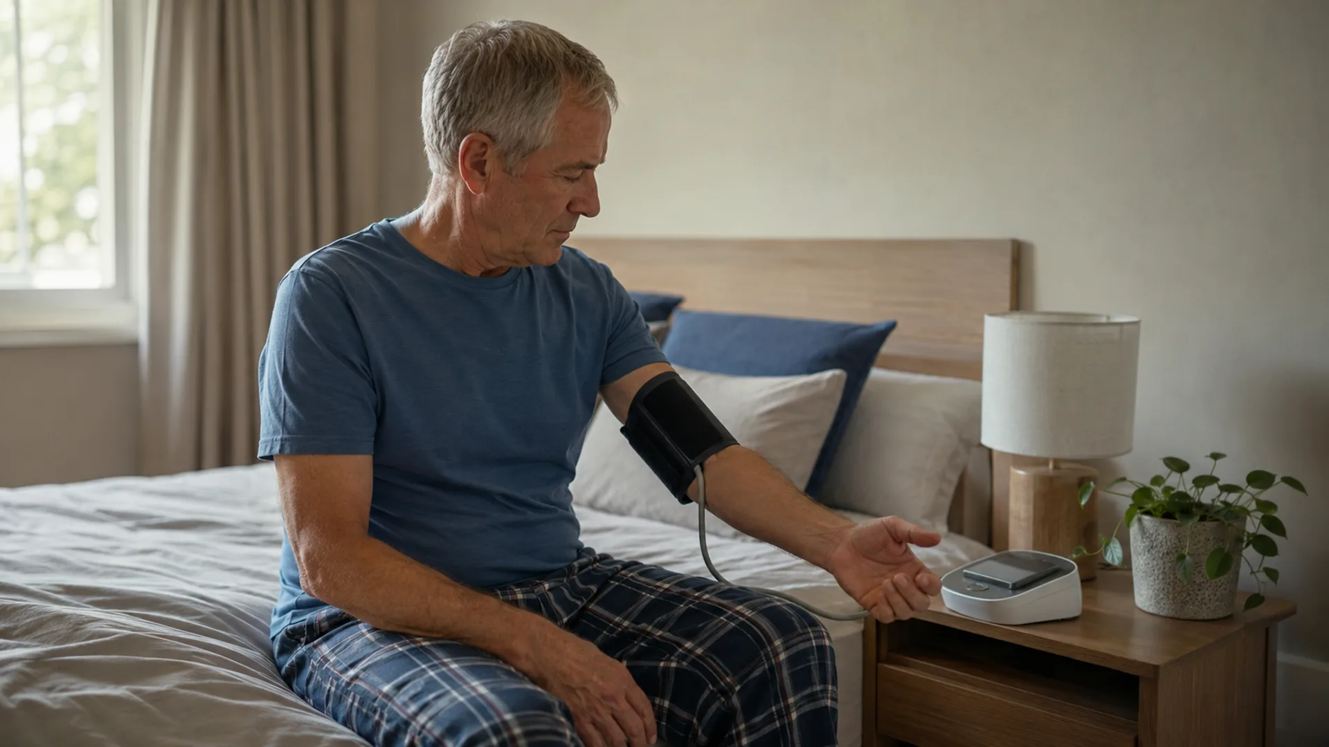 Older adult checking blood pressure in the morning