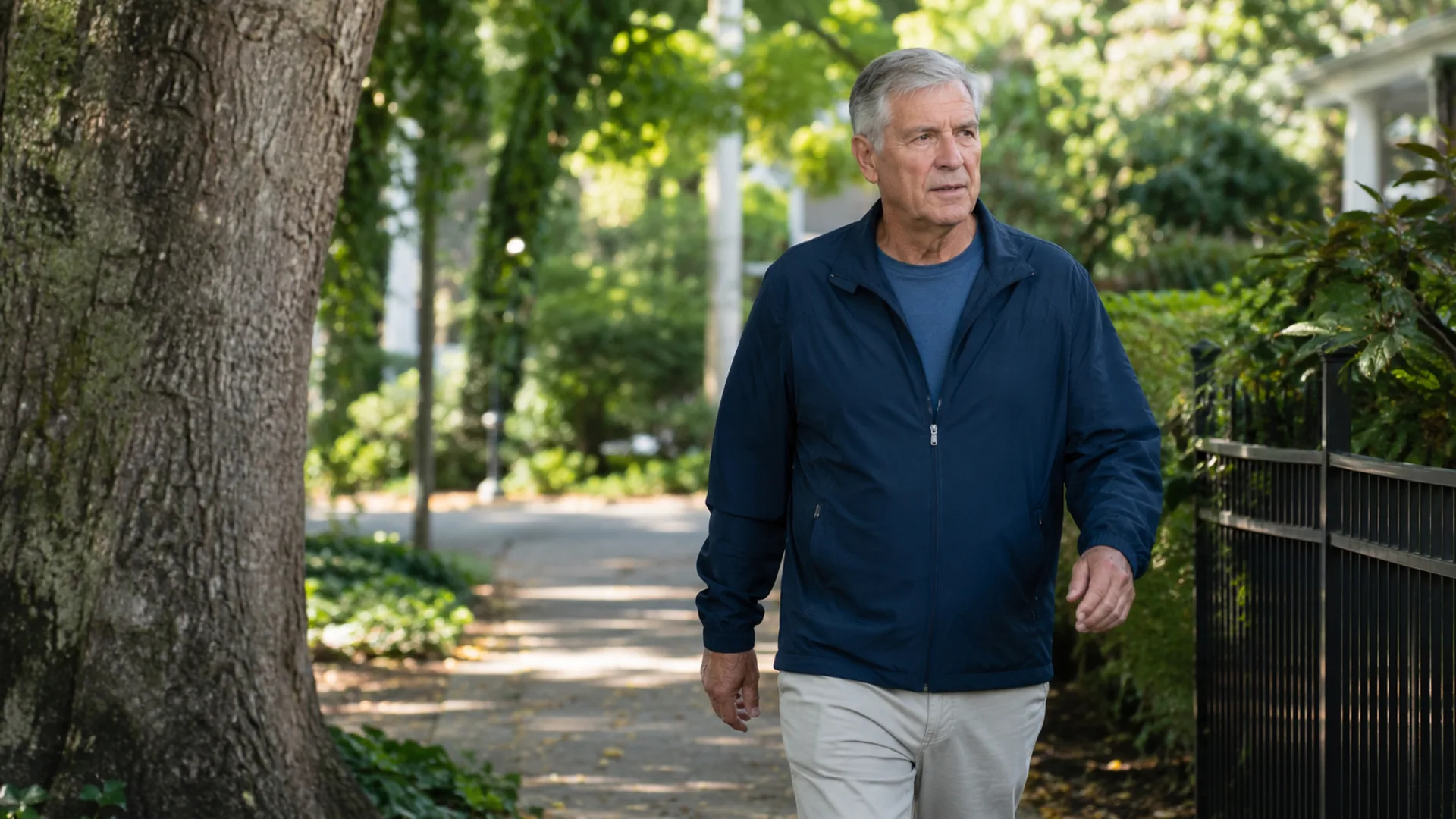 Man in his early 60s walking briskly outdoors