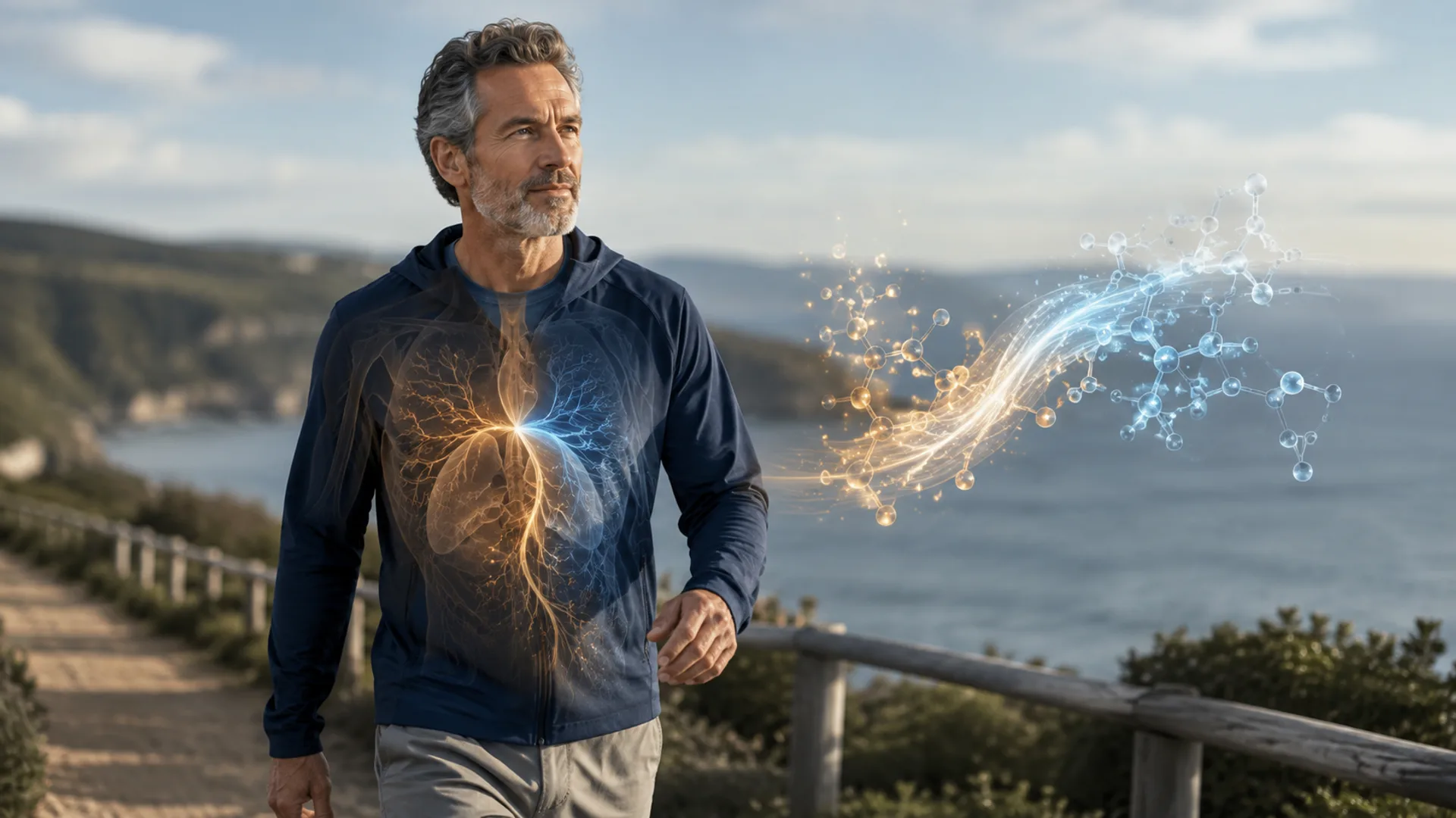 Active middle-aged man representing the body's ability to adapt between different fuel sources
