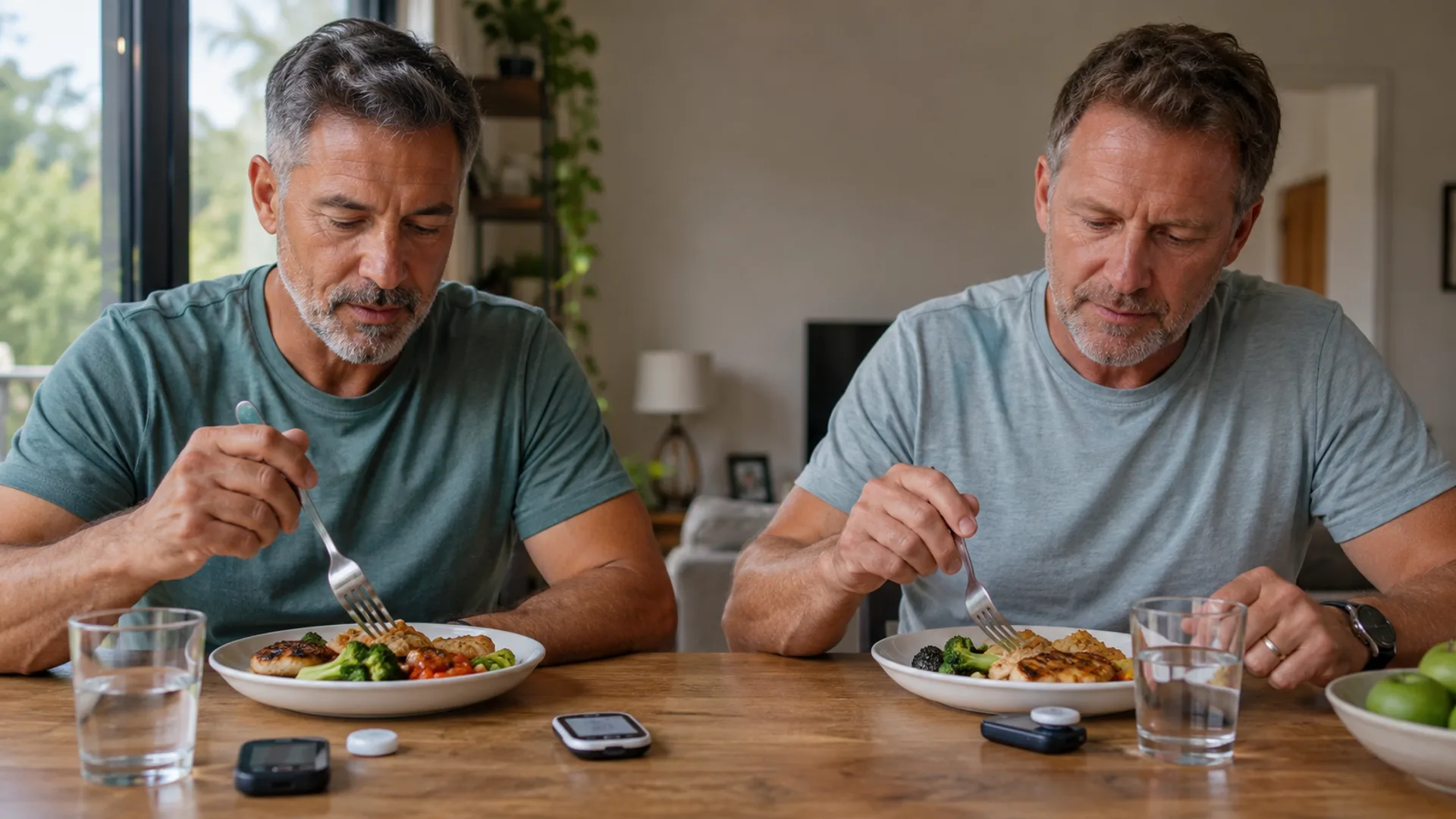 Two men eating the same meal despite potentially different metabolic responses
