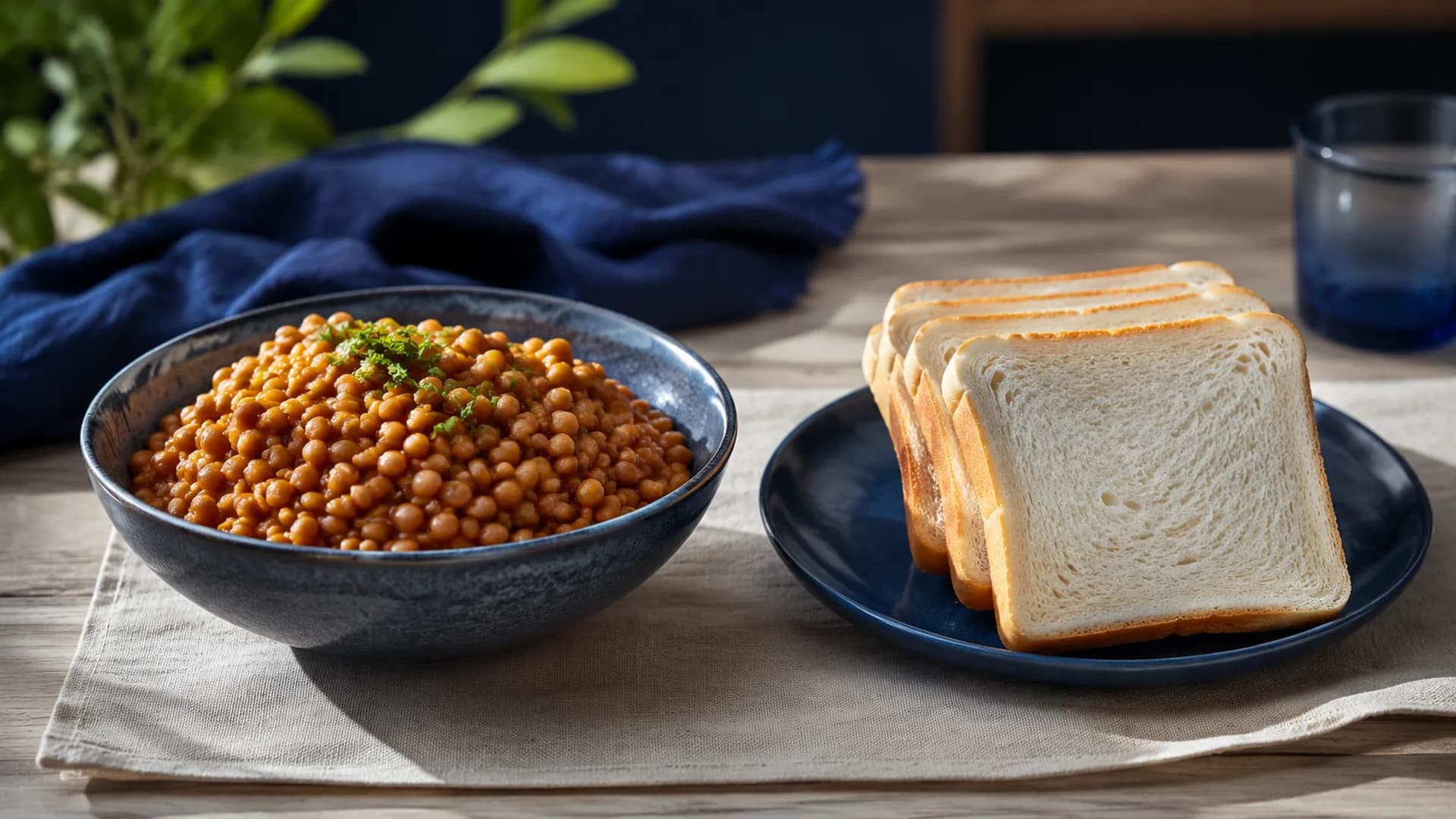 Bowl of beans beside slices of white bread representing different carbohydrate foods