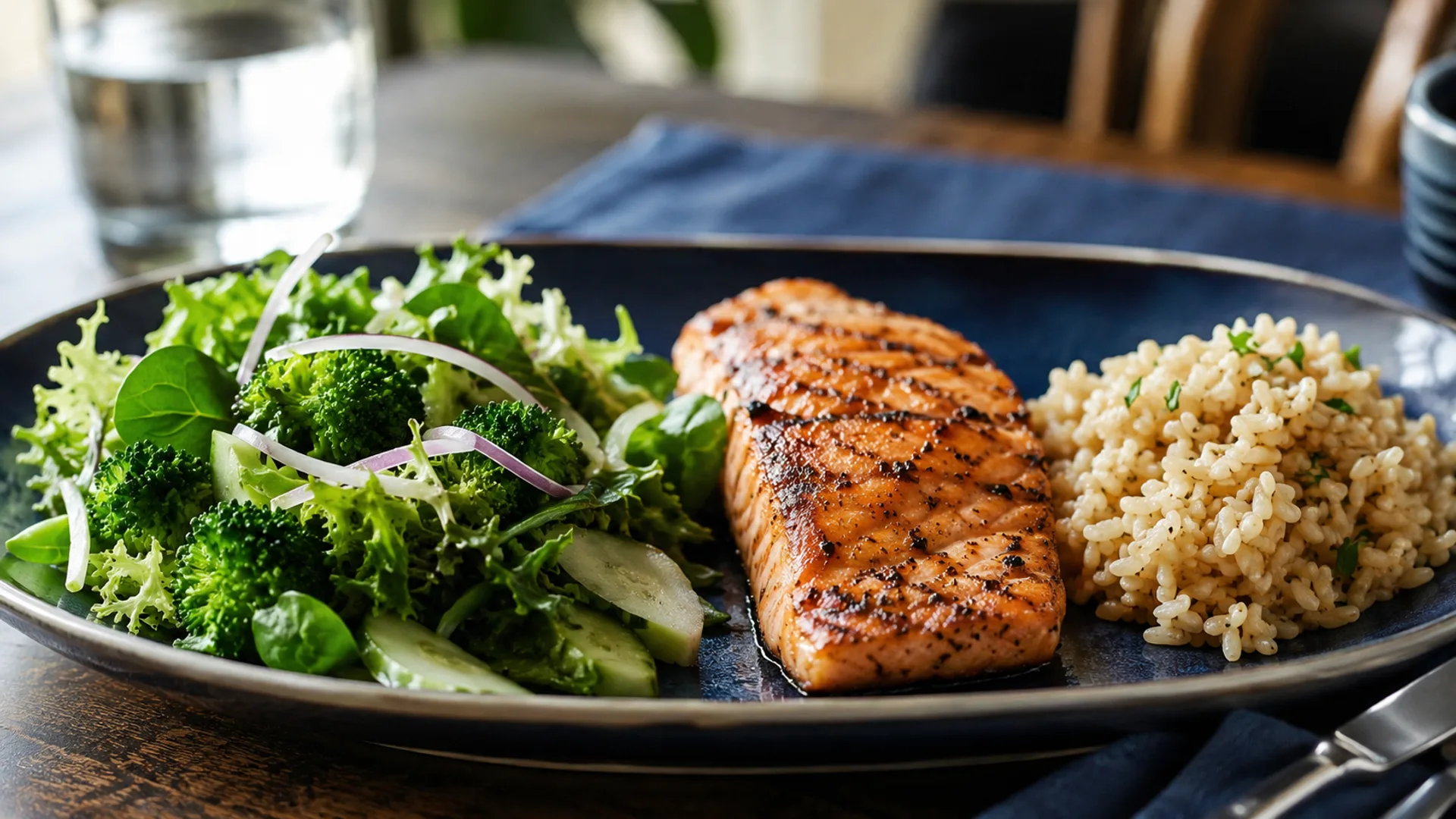 Balanced meal with vegetables, protein and carbohydrate served as separate components