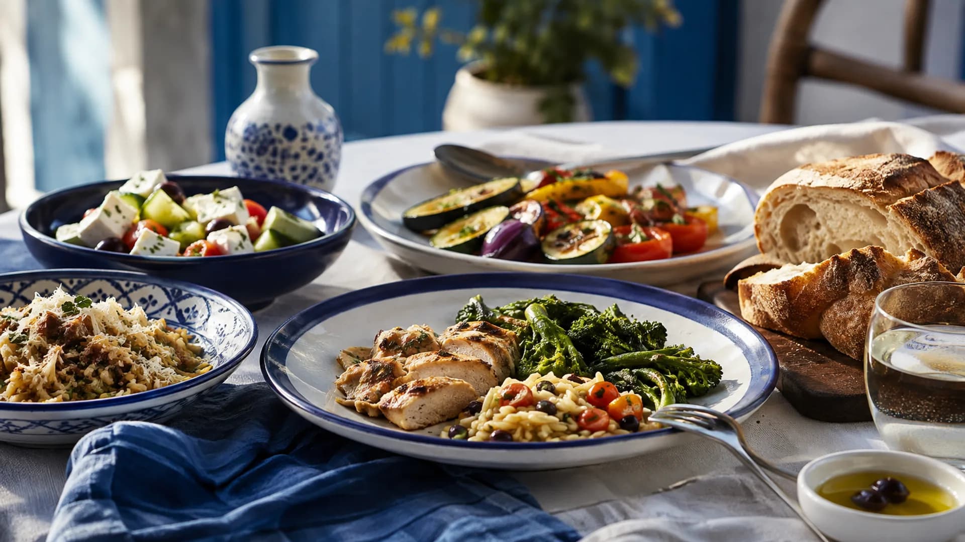 Pasta, rice and bread served as part of a balanced meal with protein and vegetables