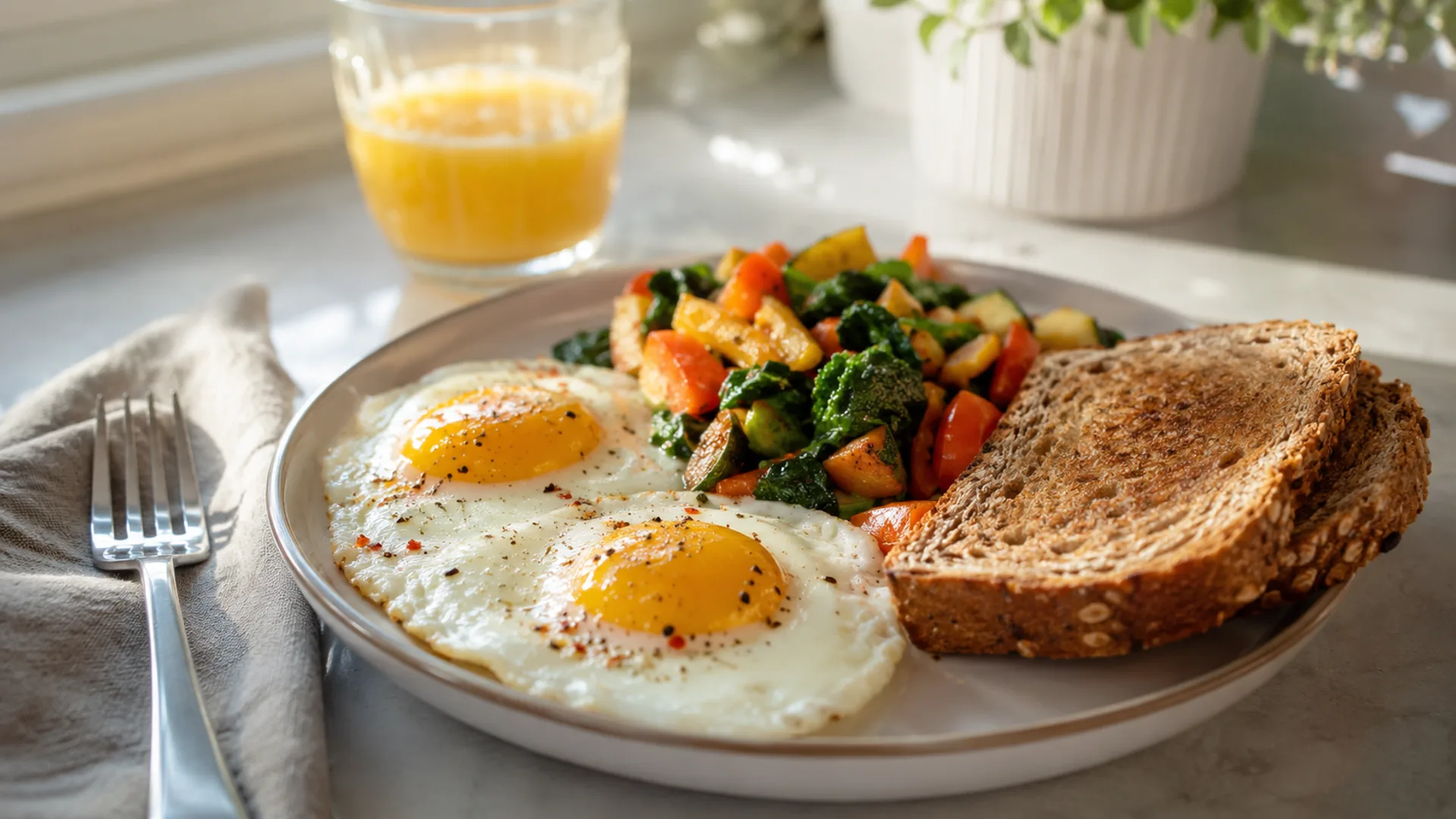 Cooked eggs served as part of a balanced breakfast