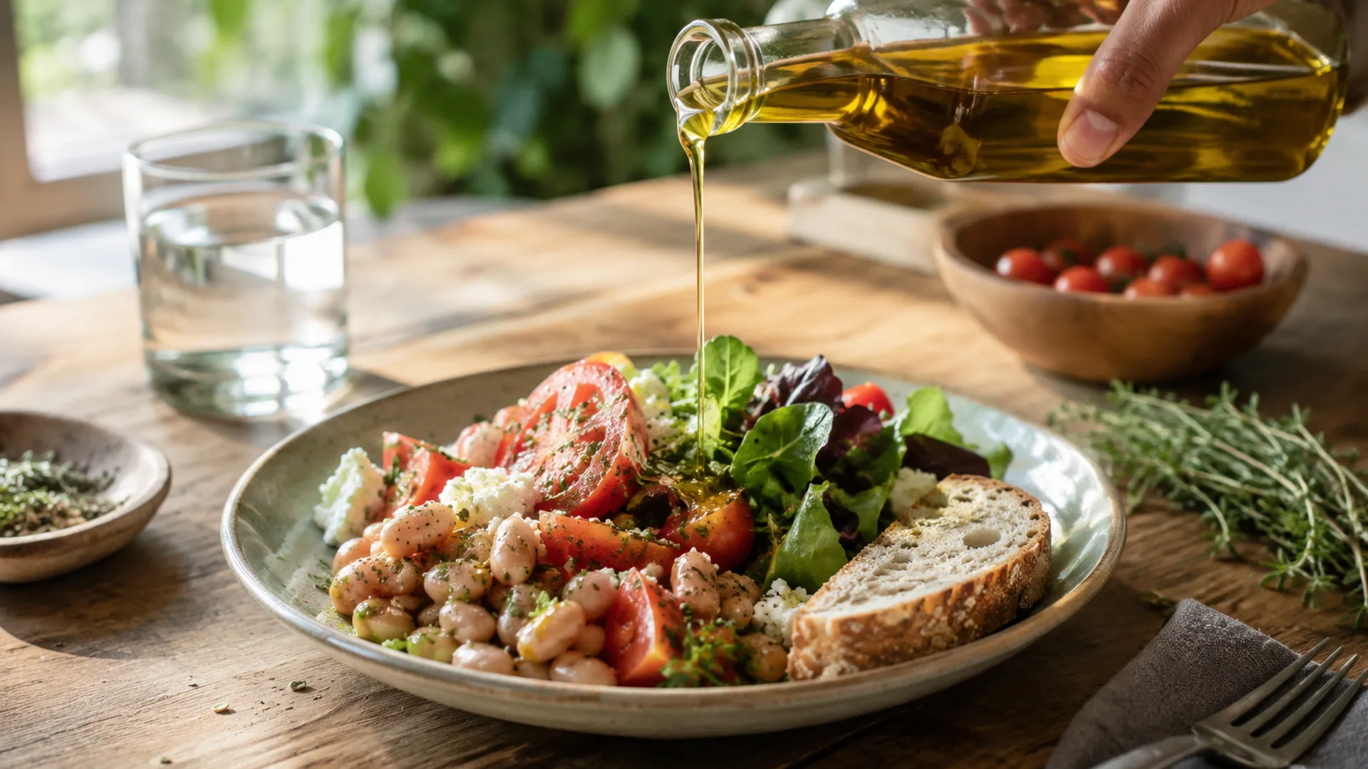 Extra-virgin olive oil being poured over a Mediterranean-style meal