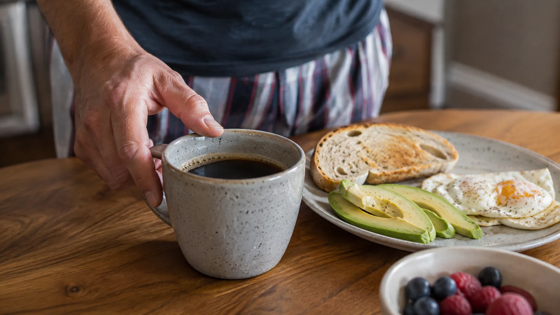 Fresh cup of coffee on a kitchen table in the morning