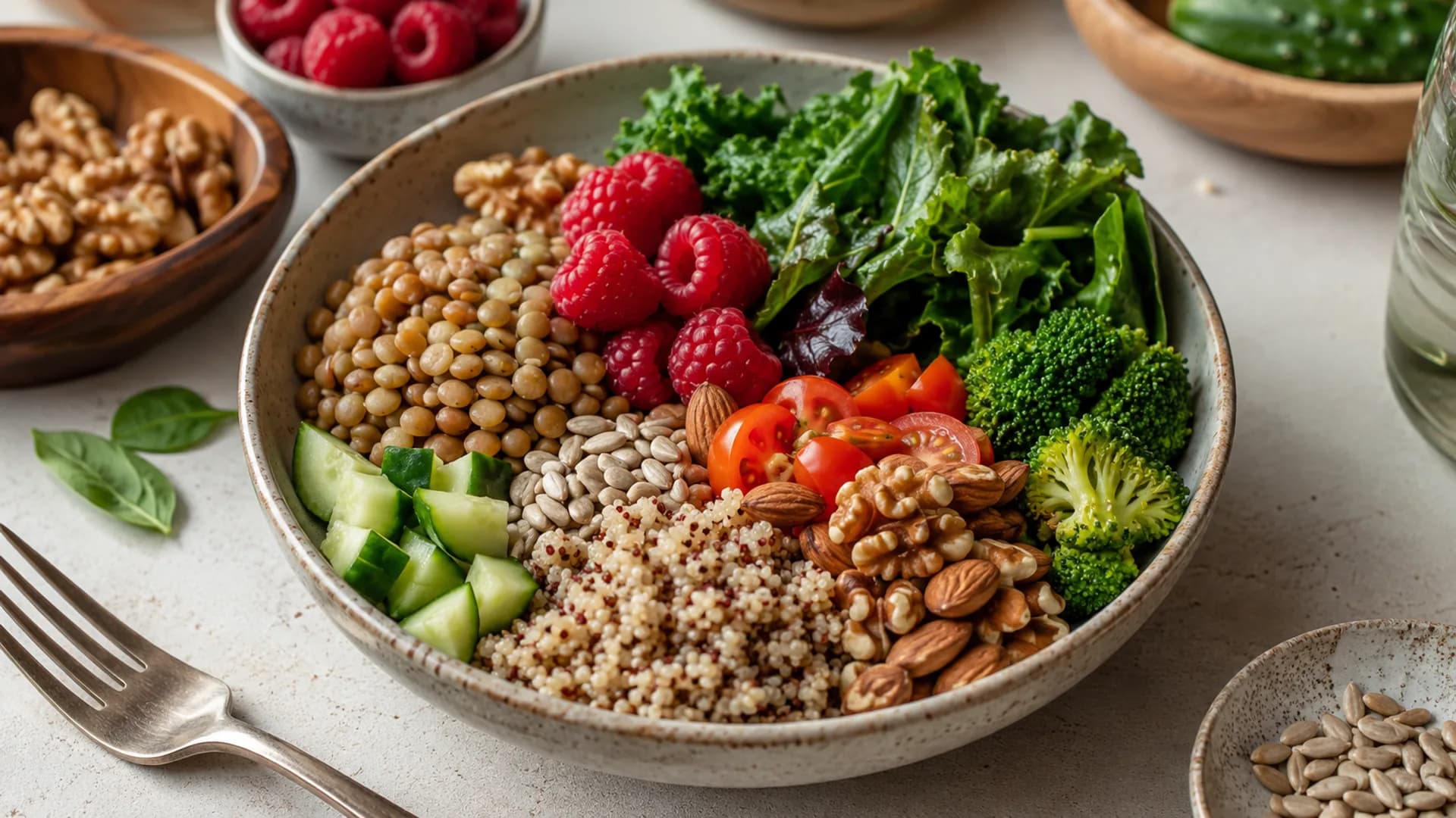 High-fiber foods including beans, berries, vegetables, whole grains, nuts, and seeds