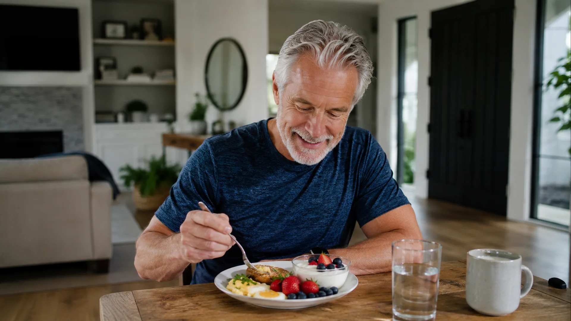 Man in his early 60s eating a protein-rich breakfast