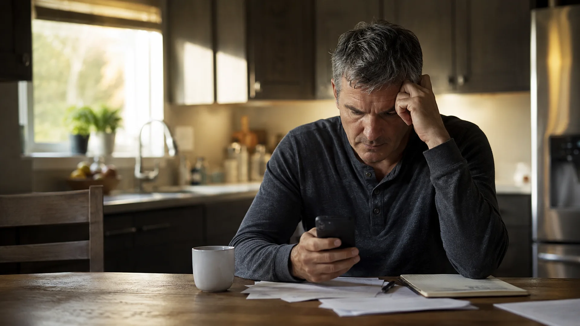 Middle-aged man experiencing stress at a kitchen table before breakfast