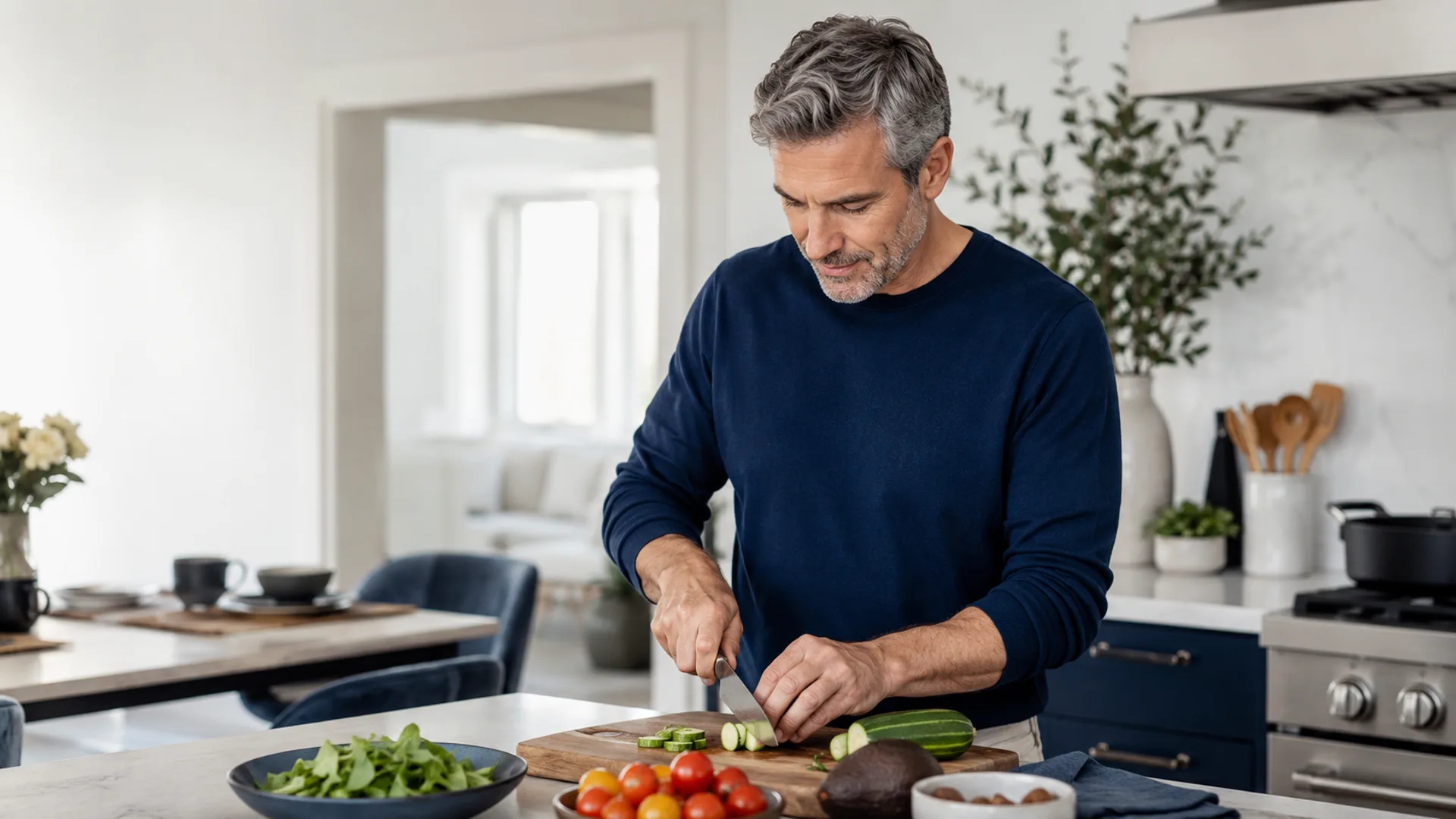 Middle-aged man preparing a healthy meal during a time-restricted eating schedule