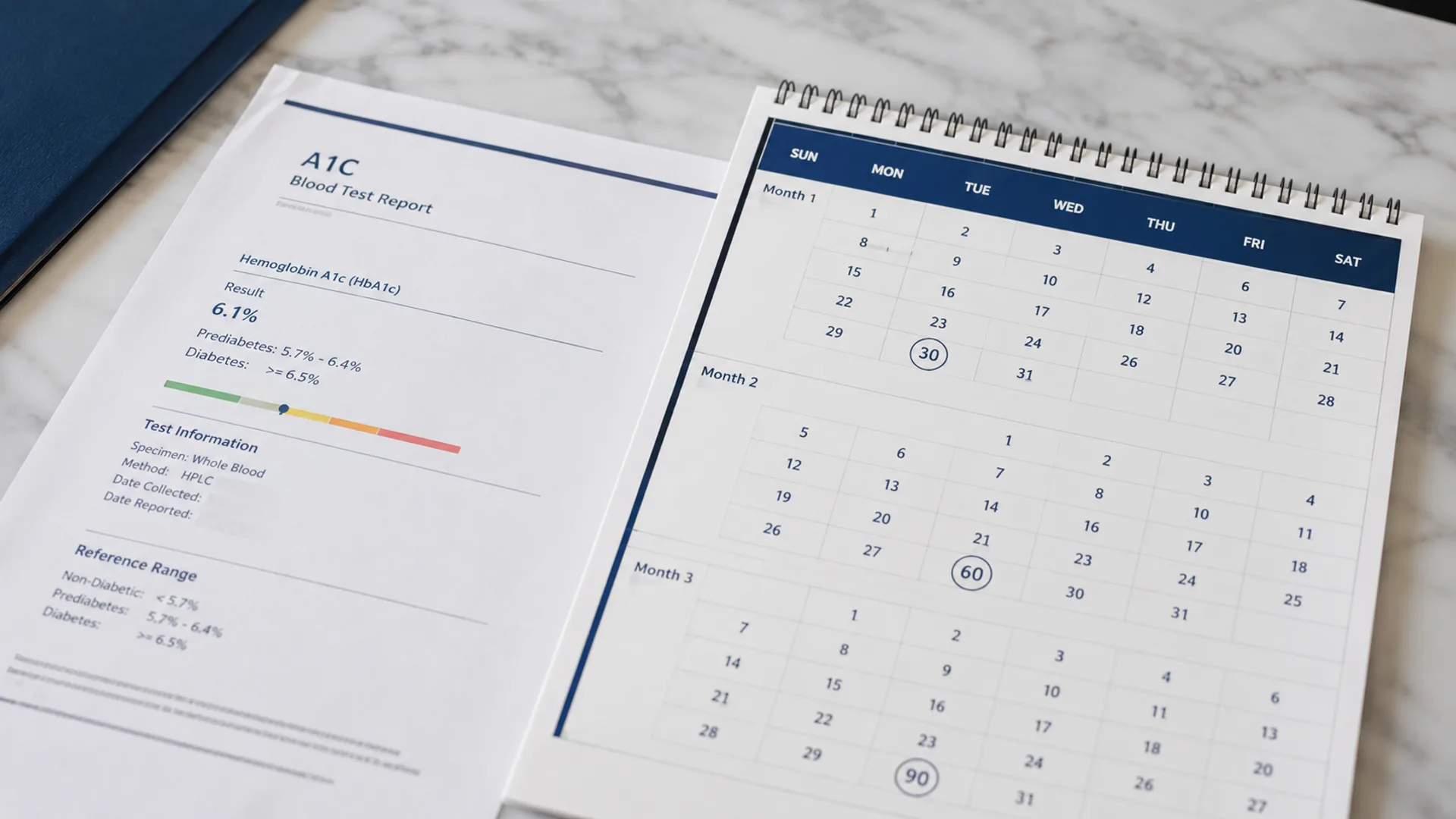 A1C laboratory report beside a calendar representing 30, 60 and 90 days