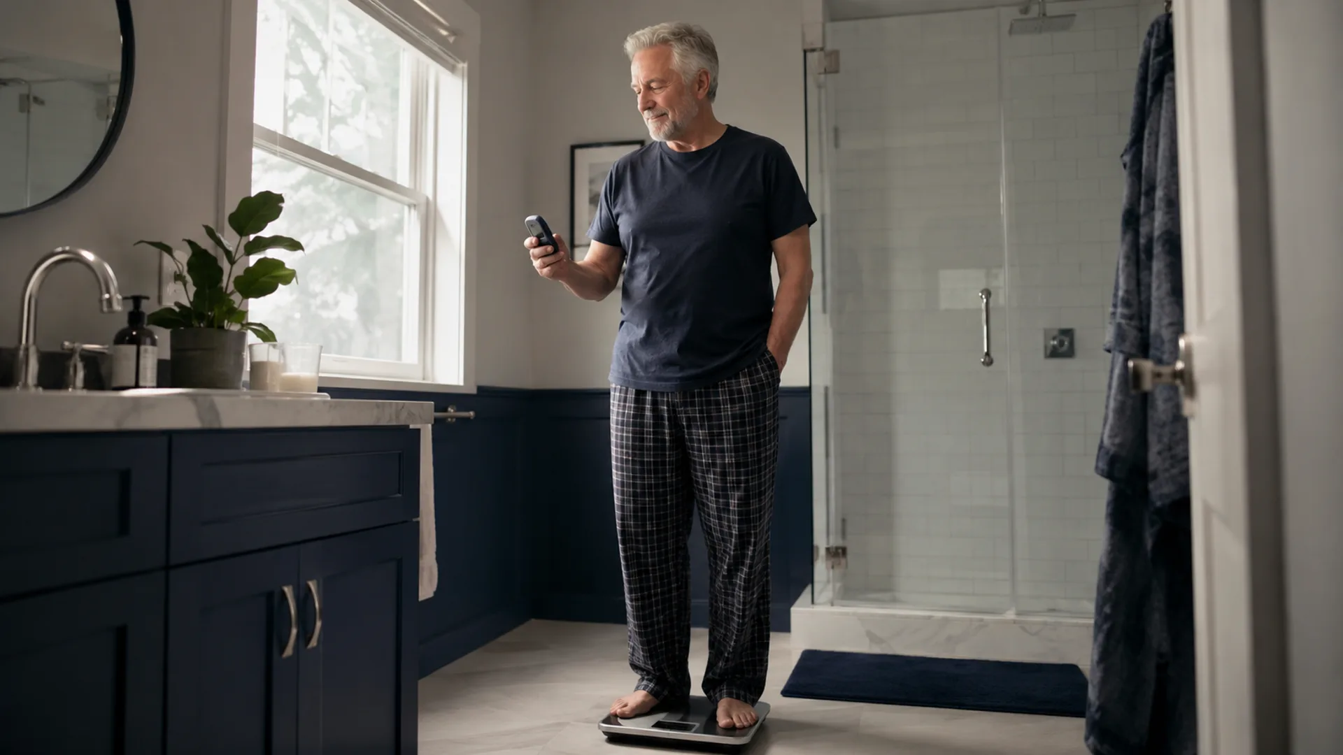 Middle-aged man monitoring progress on a bathroom scale and glucose meter