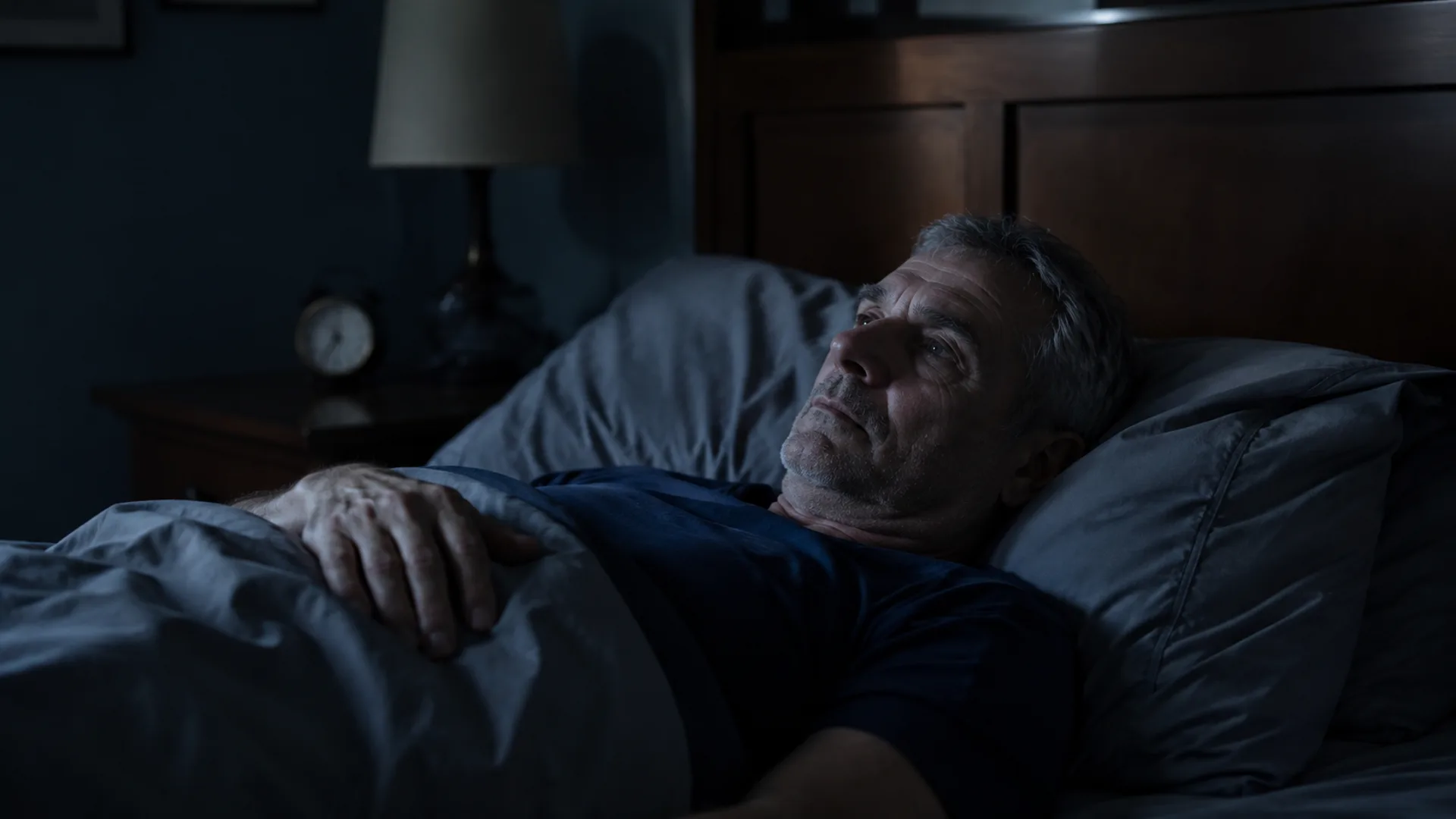 Middle-aged man awake briefly in bed during the night