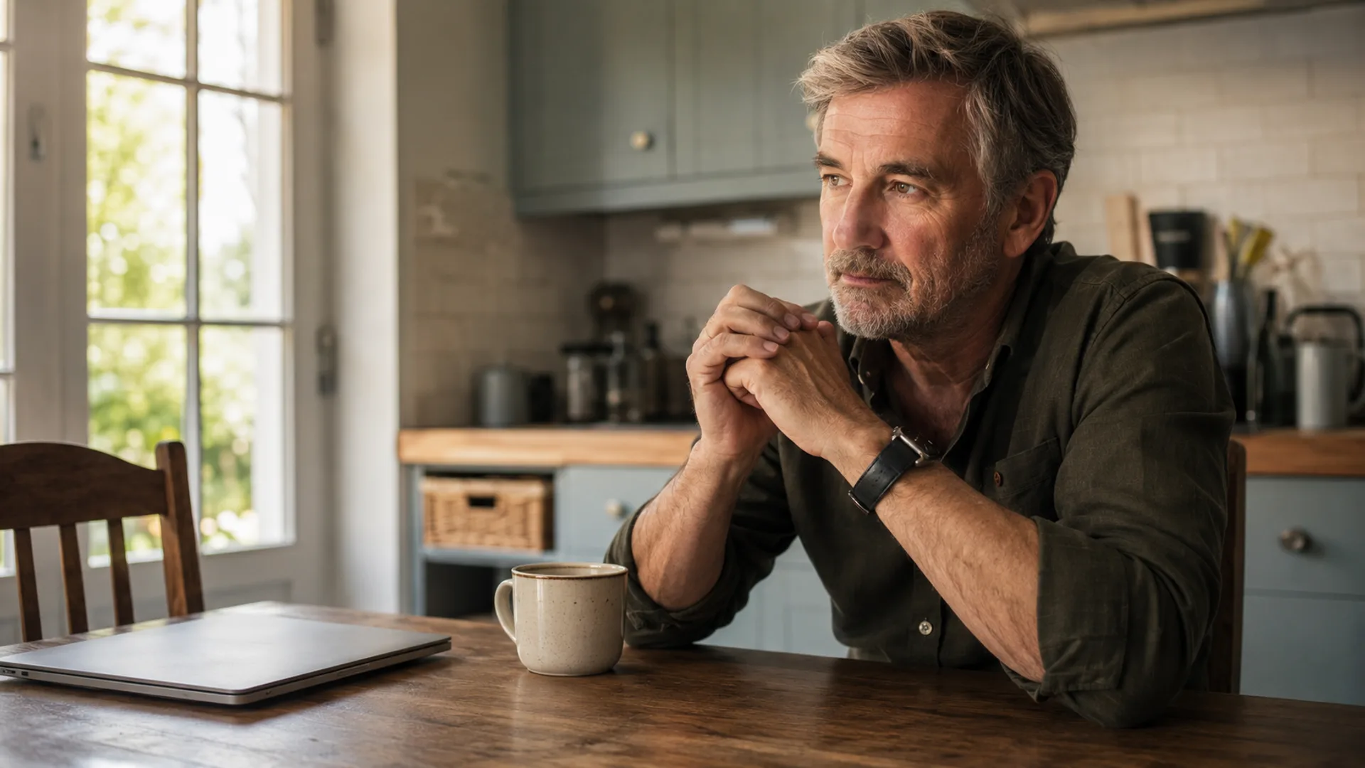 Middle-aged man sitting thoughtfully after a stressful day