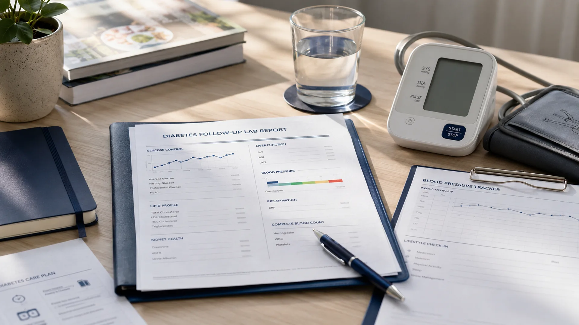 Diabetes laboratory results and blood pressure monitor representing several important health measurements